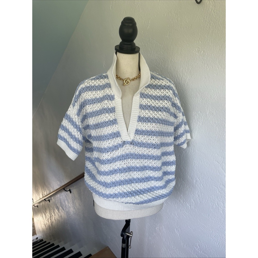 Anthropologie Maeve NWOT Grace Cotton Blue Stripe Knit Polo Open Back Top Sz M